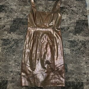 Alice + Olivia Metallic Bronze Bodycon Dress Square Neck Exposed Zip Cocktail